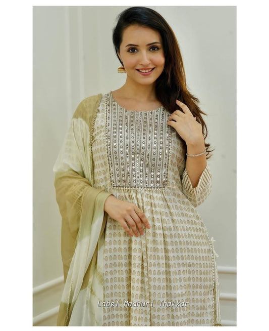 Rayon Printed Kurti with Embroidery, Pant, and Shion Dupatta Set