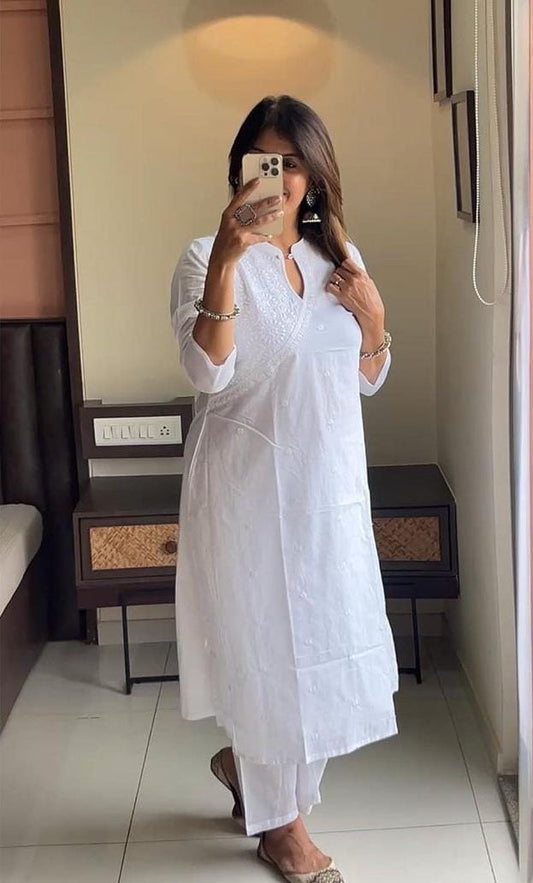 White Cotton Kurti with Embroidery and Pant Set