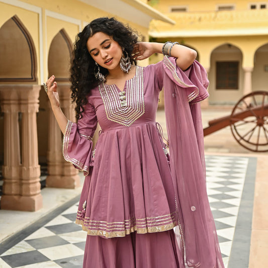 Rayon Kurti with Gota Embellishments, paired with Sharara and Nazmeen Dupatta