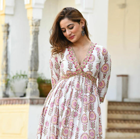 Hand Block Printed Cotton Kurta Set with Handwork