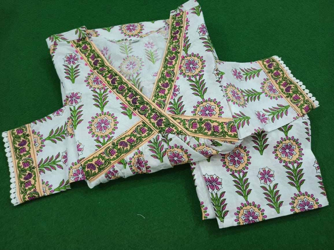 Hand Block Printed Cotton Kurta Set with Handwork