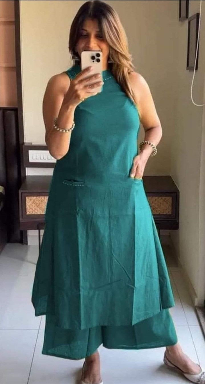 Sleeveless Cotton Work Kurti with Palazzo Set