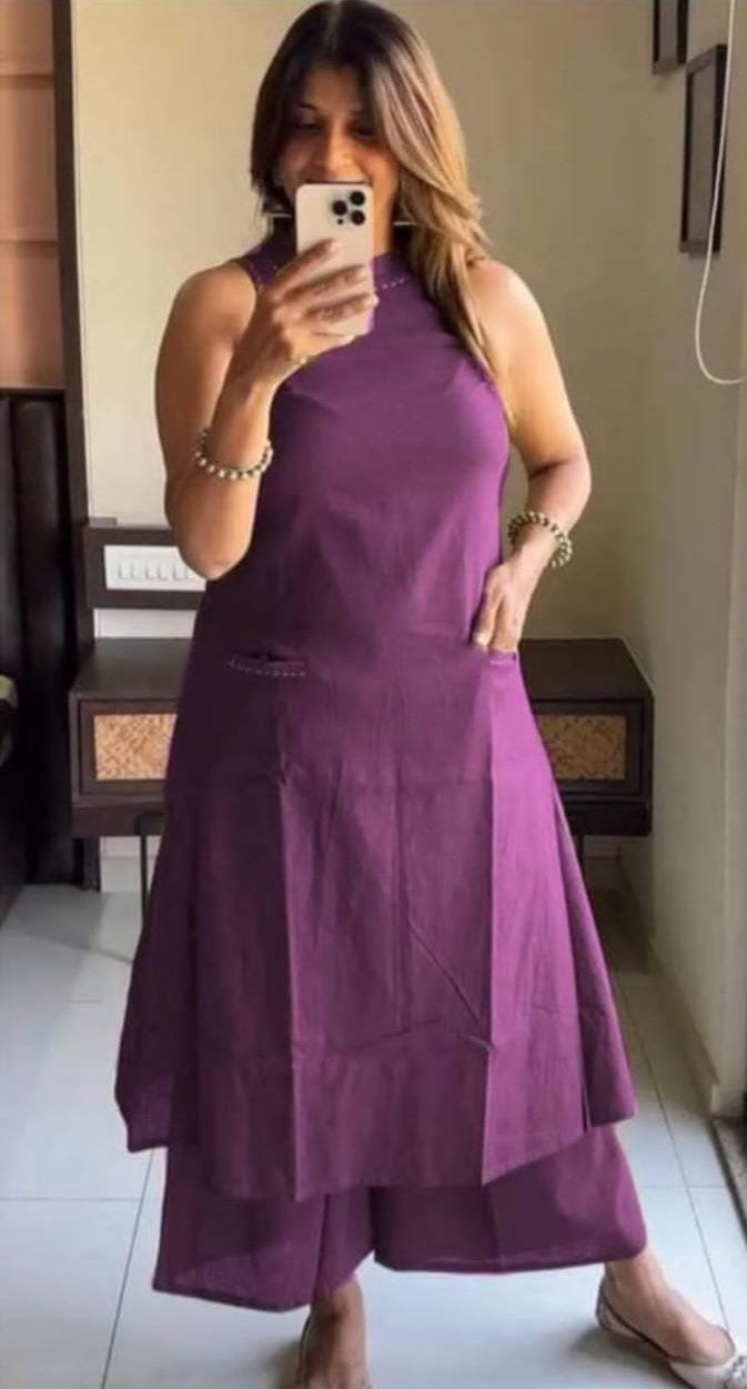 Sleeveless Cotton Work Kurti with Palazzo Set