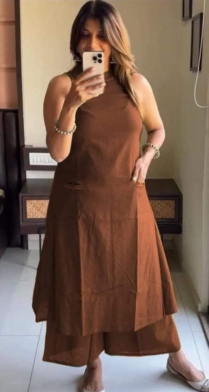 Sleeveless Cotton Work Kurti with Palazzo Set