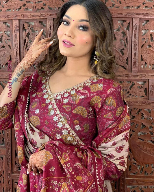 Saffron Wine Anarkali Flared Kurti with Pant & Malmal Dupatta