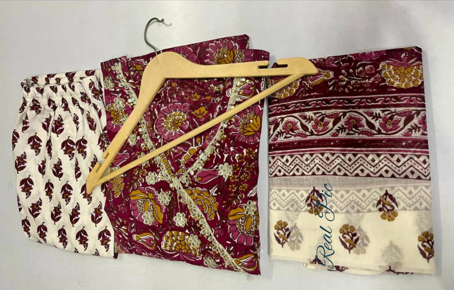 Saffron Wine Anarkali Flared Kurti with Pant & Malmal Dupatta