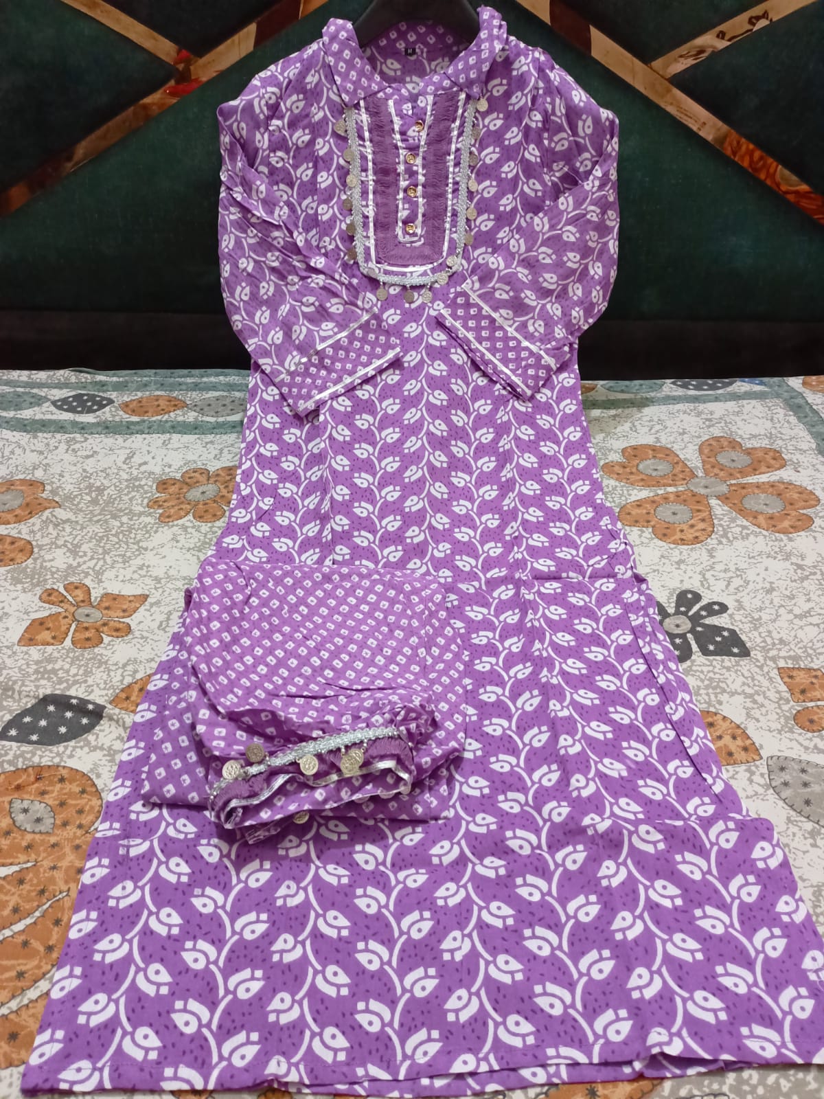Rayon Kurti with Afghani Salwar and Coin Lace
