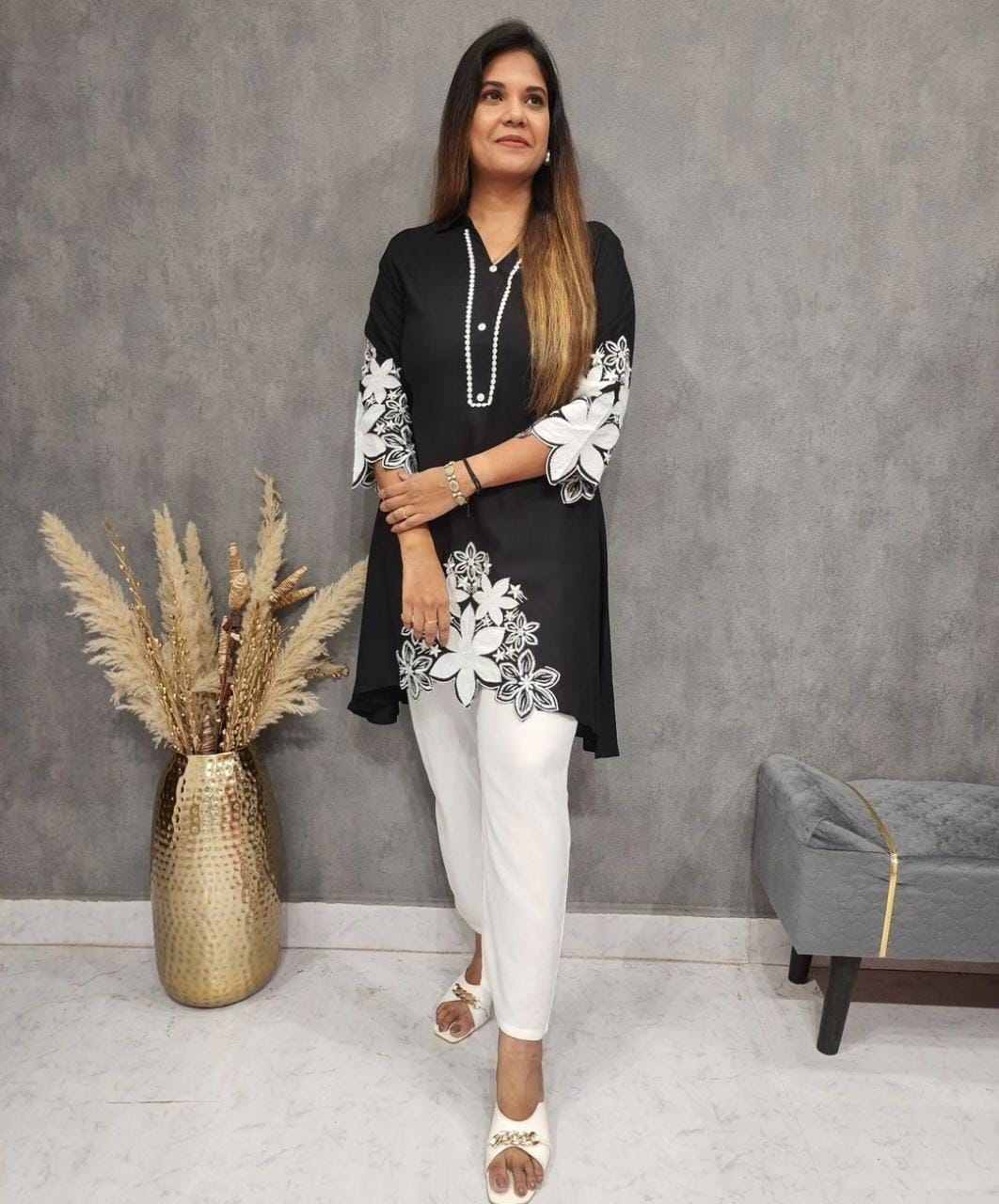 Rayon Kurti Set with Hand Embroidery and Lace Detailing