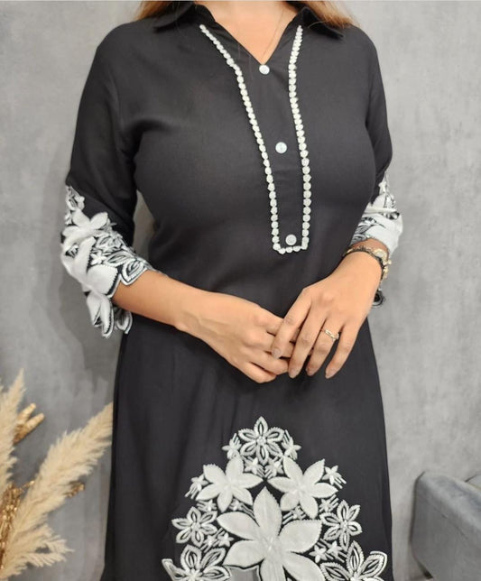 Rayon Kurti Set with Hand Embroidery and Lace Detailing