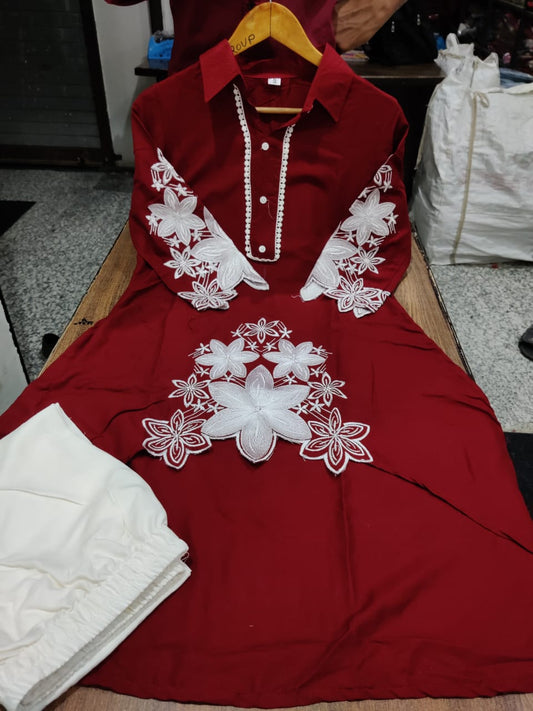 Rayon Kurti Set with Hand Embroidery and Lace Detailing