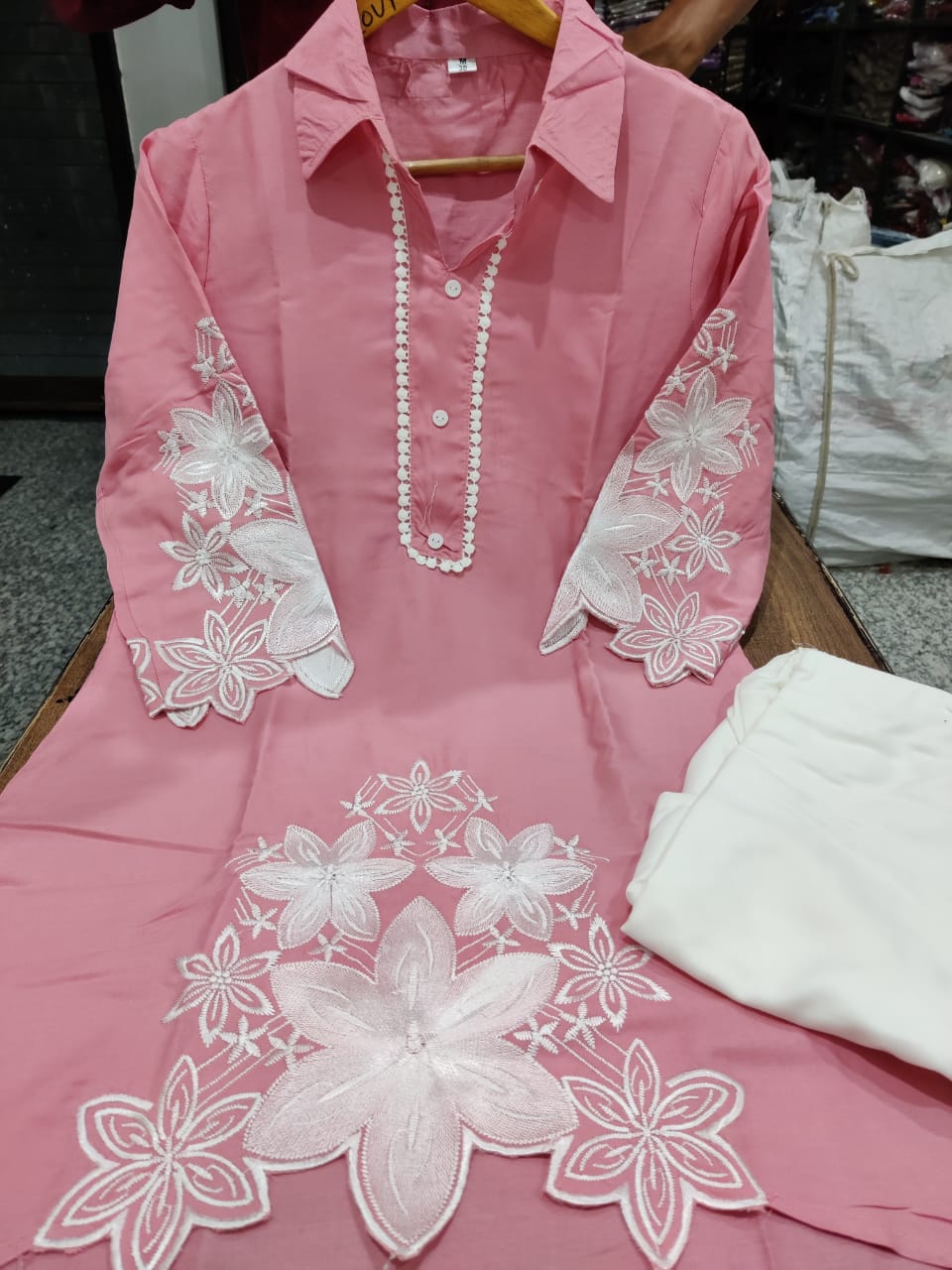 Rayon Kurti Set with Hand Embroidery and Lace Detailing