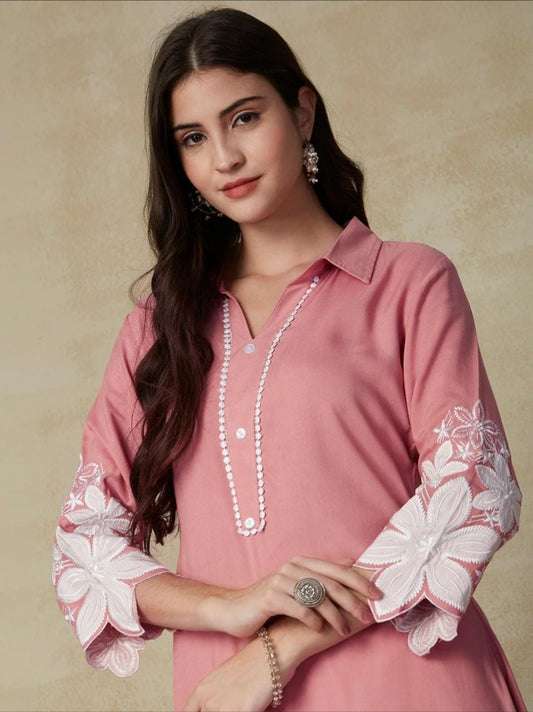 Rayon Kurti Set with Hand Embroidery and Lace Detailing
