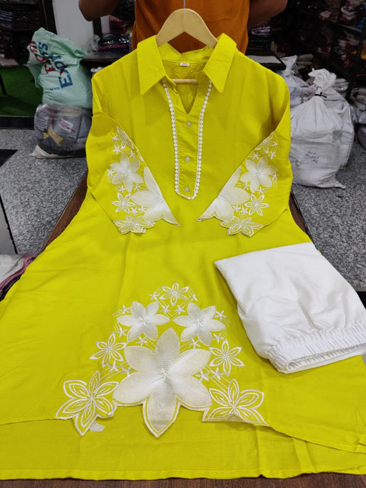 Rayon Kurti Set with Hand Embroidery and Lace Detailing