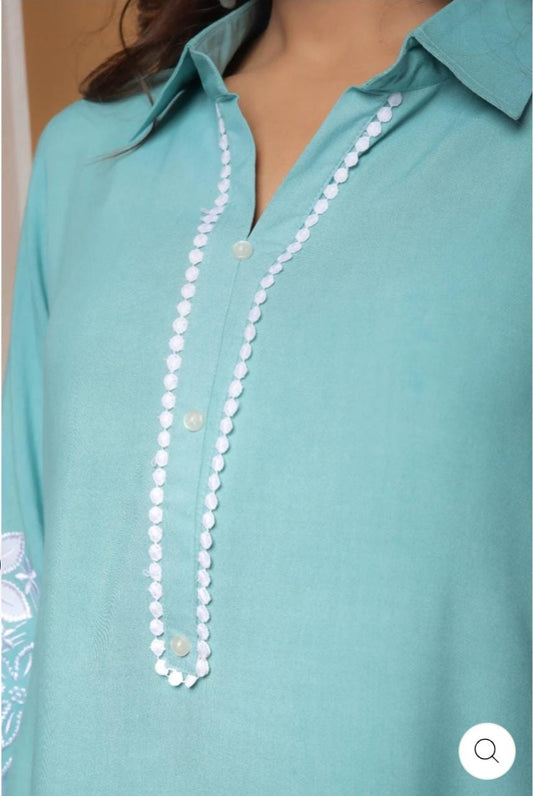 Rayon Kurti Set with Hand Embroidery and Lace Detailing