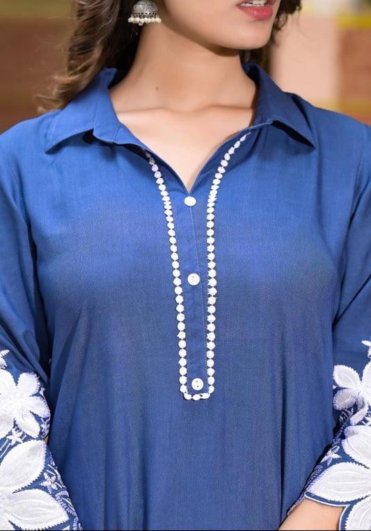 Rayon Kurti Set with Hand Embroidery and Lace Detailing