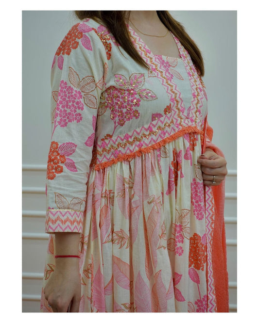 Floral Anarkali Suit Set with Matching Pant and Dupatta