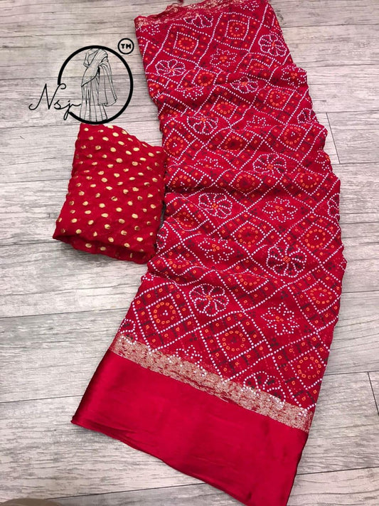 Jaipuri Bandej Saree with Jhorjt Satin Border and Zari Buti Blouse