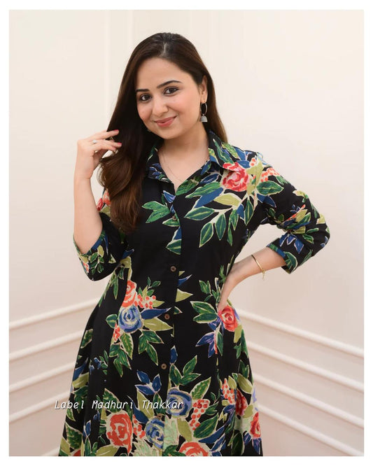 Black Cotton Co-ord Set - 3/4 Sleeve Kurti & Pant Combo