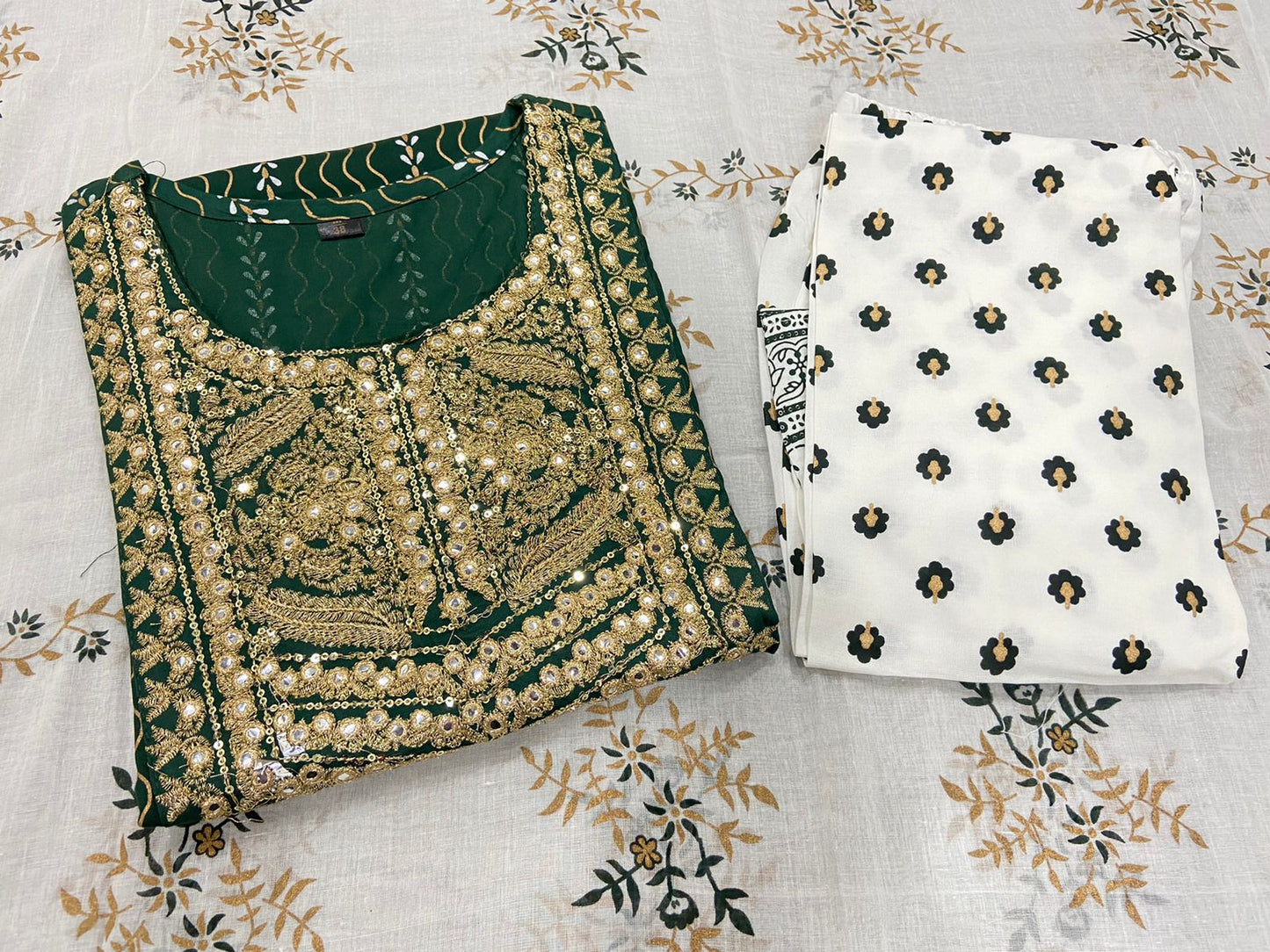 Bottle Green Foil Mirror Work Rayon Kurti Set with Printed Palazzo and Malmal Dupatta