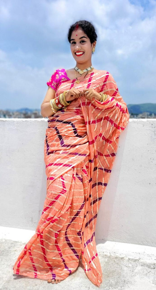 Jaipuri Lehriya Saree with Jhorjt Fabric and Contrast Blouse