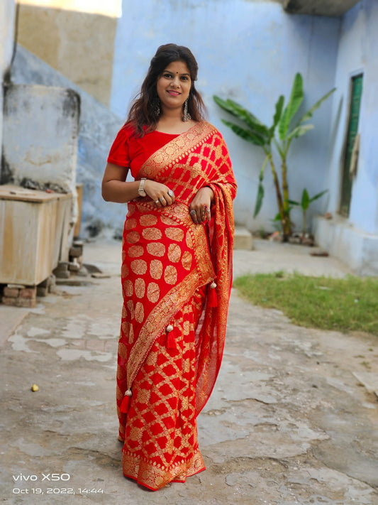 Viscose Georgette Zari Jaal Saree for Karwa Chauth