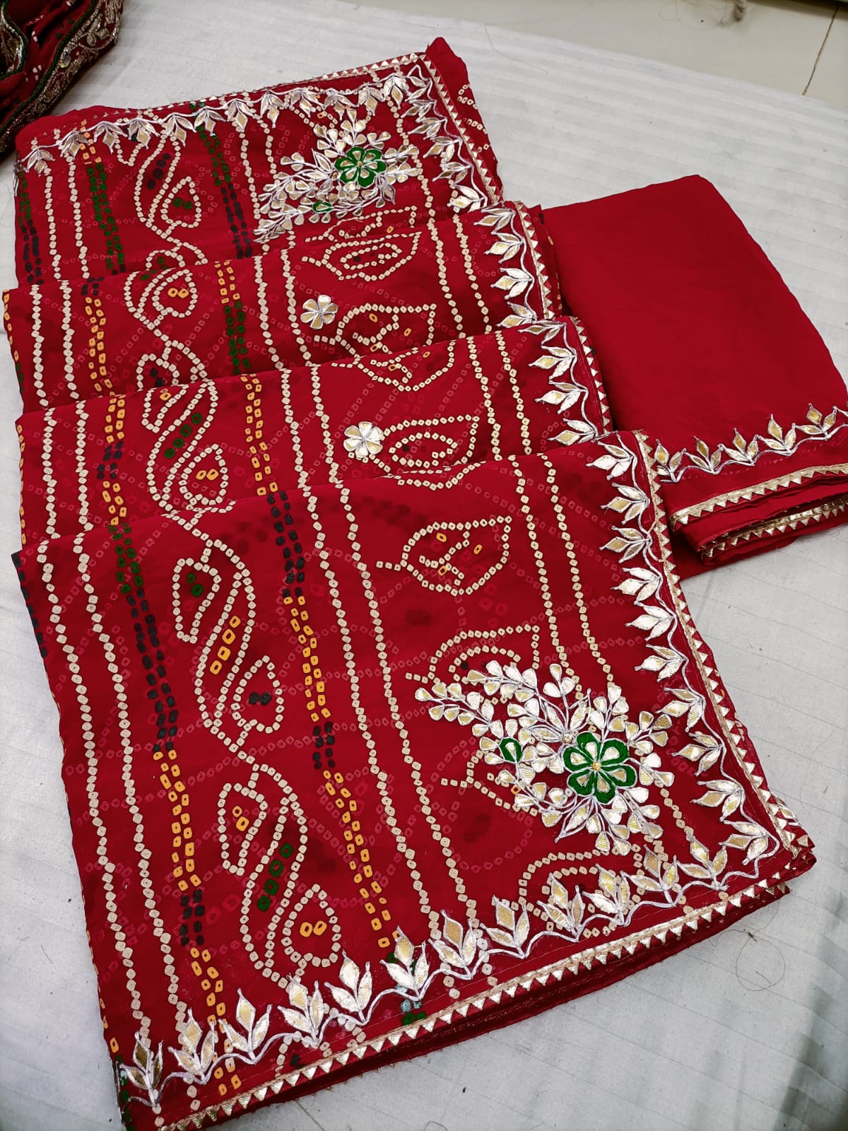 Georgette Bandhej Chunari Saree with Gota Patti Nayla & Kasab Fancy Butta Work