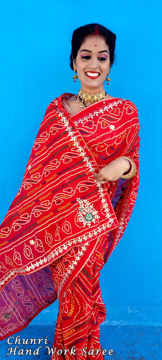 Georgette Bandhej Chunari Saree with Gota Patti Nayla & Kasab Fancy Butta Work