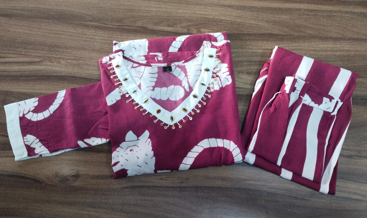 Rayon Kurta Cord Set with Handwork on Neck