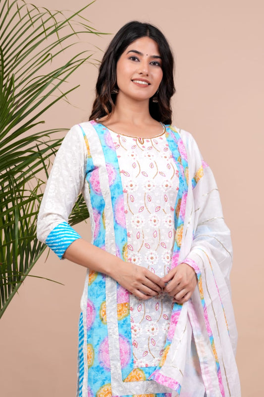 Chicken Shifli Hand-Block Printed Cotton Kurti, Pant, and Mulmul Dupatta Set