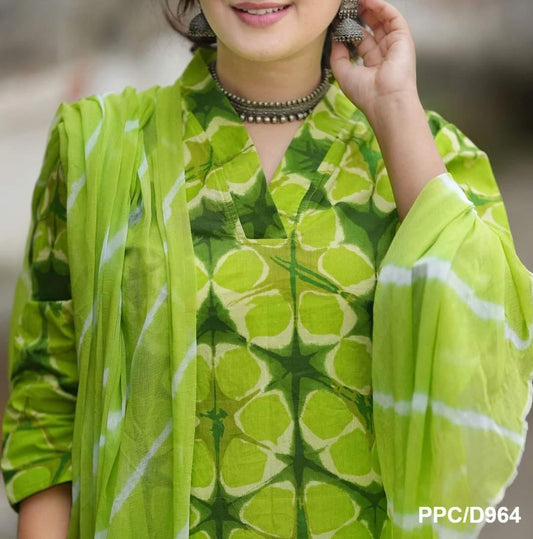 Cotton Kurti, Gulnaar Pant, and Chiffon Leheriya Dupatta Set