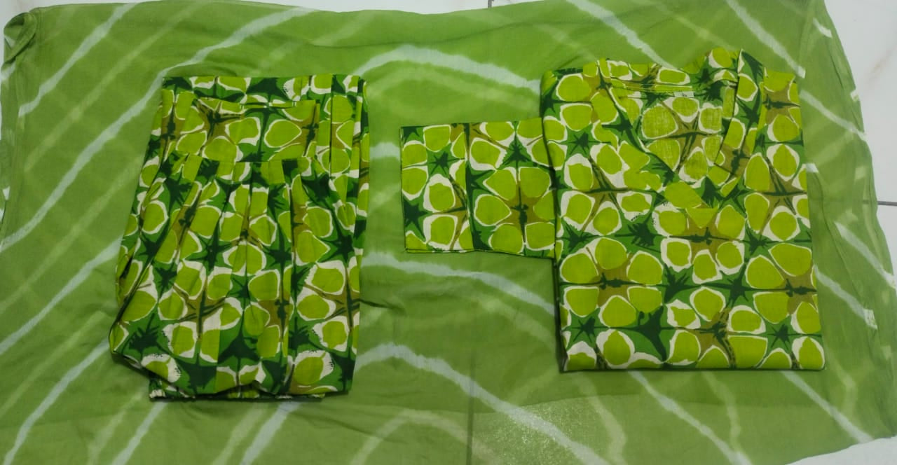 Cotton Kurti, Gulnaar Pant, and Chiffon Leheriya Dupatta Set