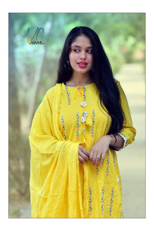 Cotton Lurex Kurti with Embroidery, Pant, and Nazmin Dupatta Set