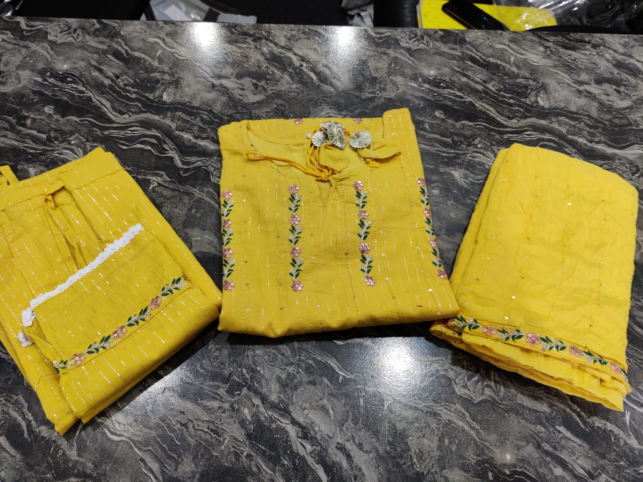 Cotton Lurex Kurti with Embroidery, Pant, and Nazmin Dupatta Set