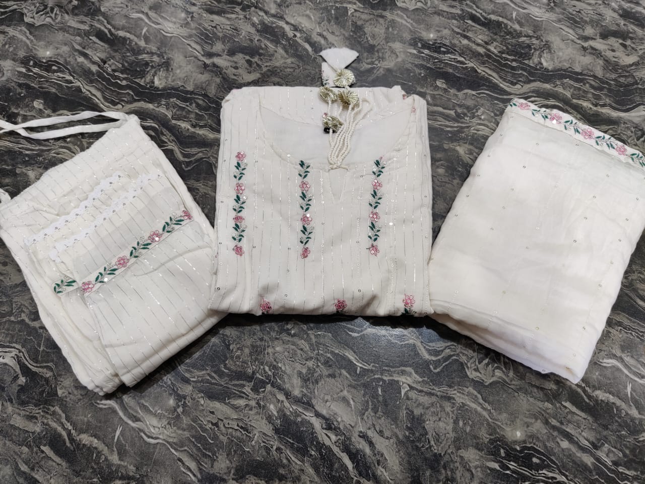 Cotton Lurex Kurti with Embroidery, Pant, and Nazmin Dupatta Set