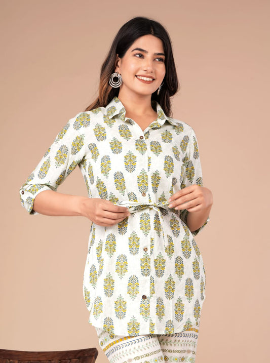 Cord Set: Shirt-style top with Belt and Cotton Pant