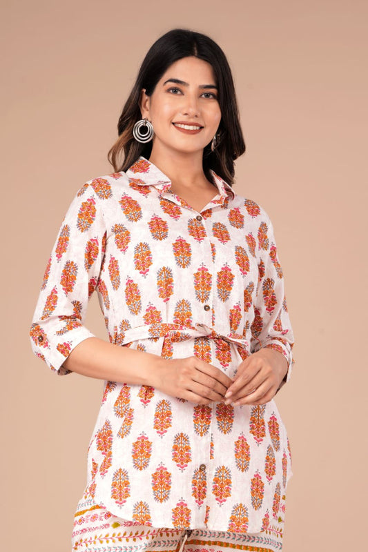 Cord Set: Shirt-style top with Belt and Cotton Pant