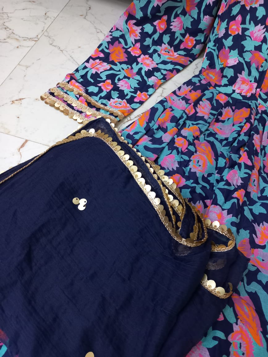 Blue Rayon Printed Long Gown Kurti Set with Pant and Dupatta