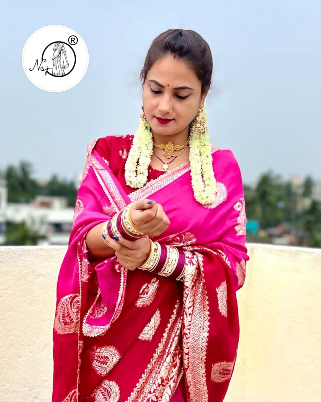 Russian Dola Silk Saree with Gota Bijiya and Zari Waiving, Paired with Contrasting Zari Blouse