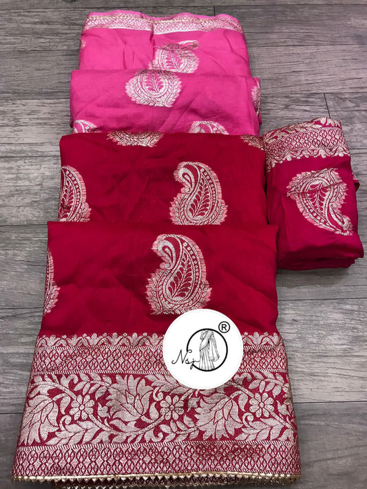 Russian Dola Silk Saree with Gota Bijiya and Zari Waiving, Paired with Contrasting Zari Blouse