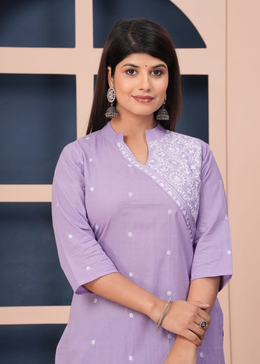 Lavender Monochrome Cotton Kurta Pant Set with Thread Embroidery
