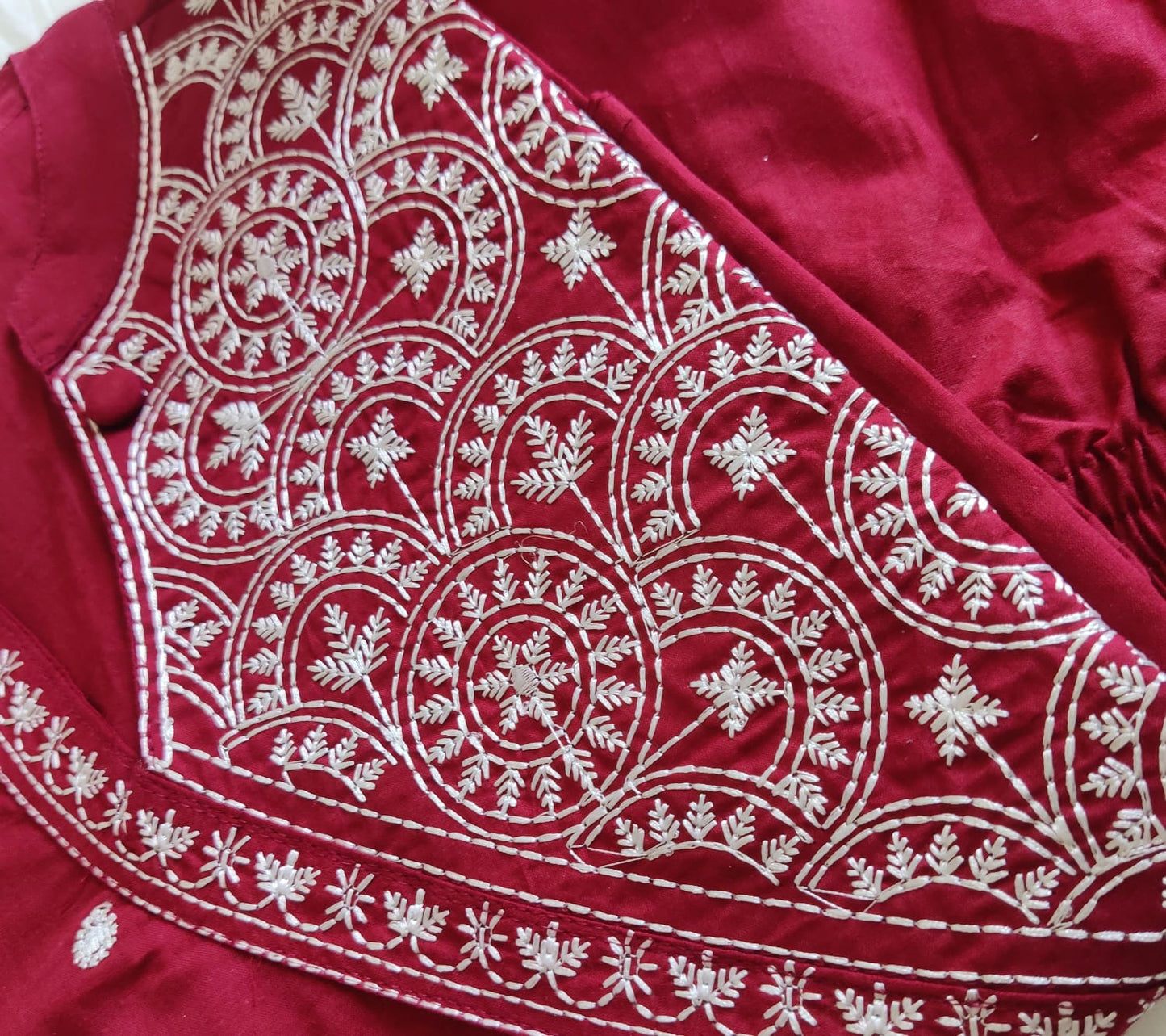 Maroon Monochrome Cotton Kurta Pant Set with Thread Embroidery