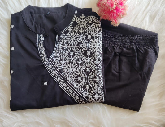 Black Cotton Kurta Pant Set with Thread Embroidery