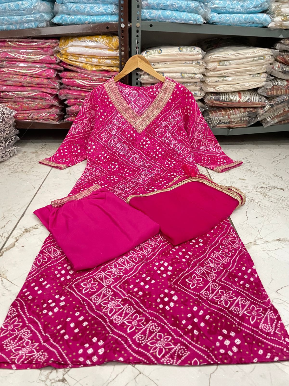 Bandhani Printed Afghani Suit Set with Sequence Embroidery