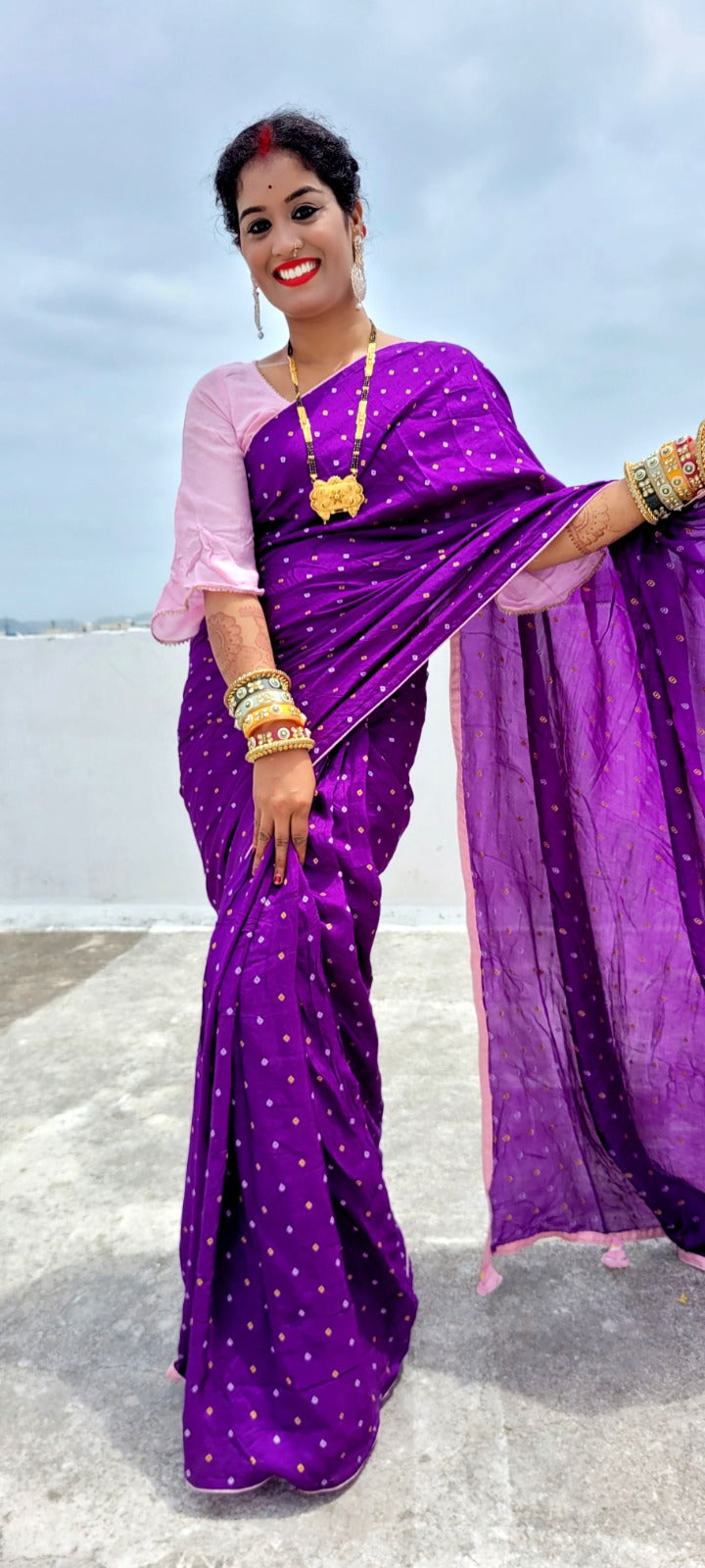 Russian Silk Bandhej Saree with Jaipuri Single Dye and Jari Bijja Border