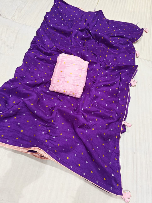 Russian Silk Bandhej Saree with Jaipuri Single Dye and Jari Bijja Border