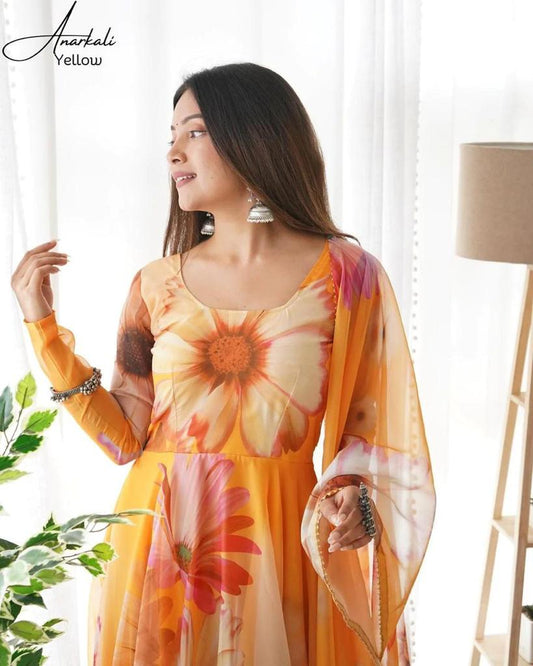 Mustard Yellow Tubby Organza 2-Piece (Gown & Dupatta) Set with Picko Detailing