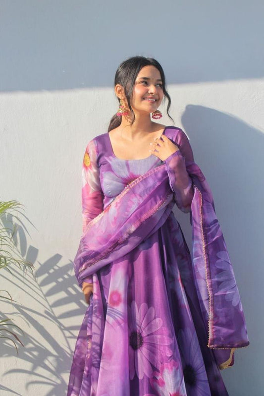 Purple Tubby Organza 2-Piece (Gown & Dupatta) Set with Picko Detailing