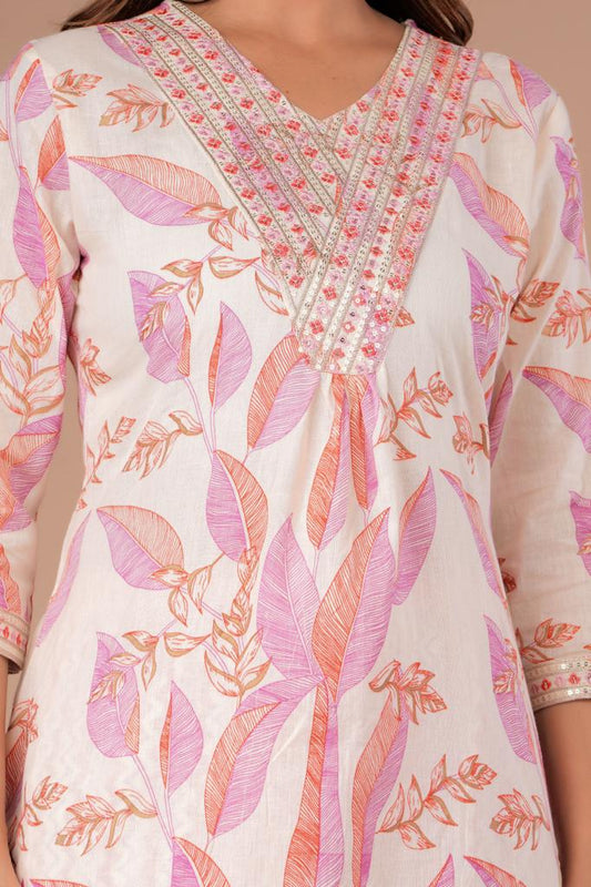 White-Pink Floral Afghani Suit Set with Embroidery