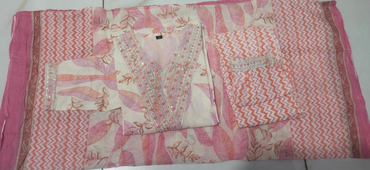 White-Pink Floral Afghani Suit Set with Embroidery