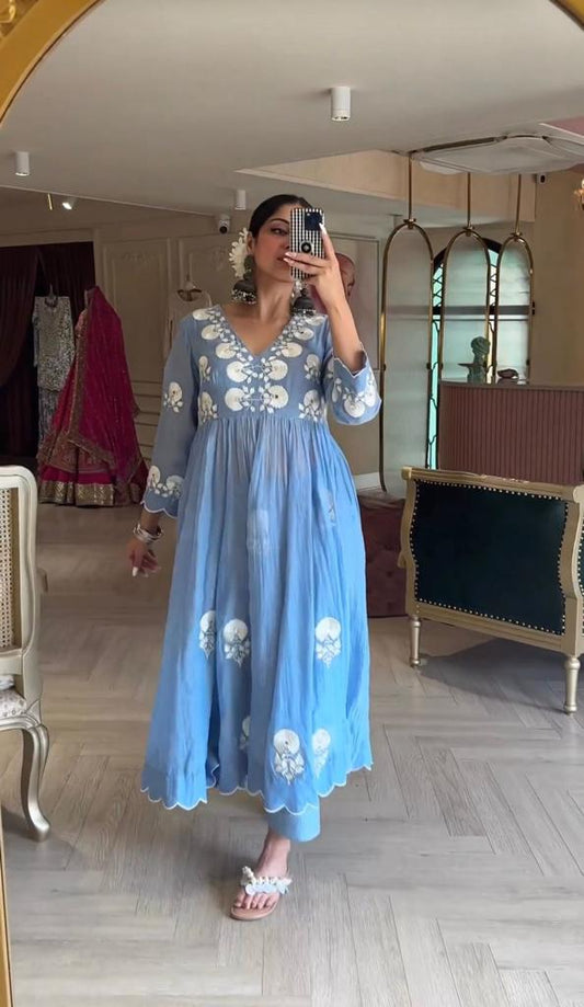 Cotton Gown and Bottom Set with Embroidery and Mirror Work